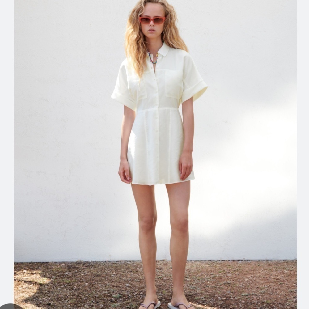 Zara Cream Wrinkle Effect Lined Button down Shirt Dress with Elastic Waistband